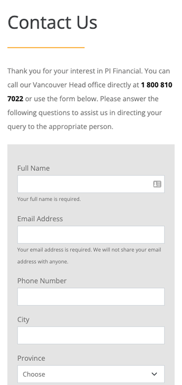 PI Financial website mobile view