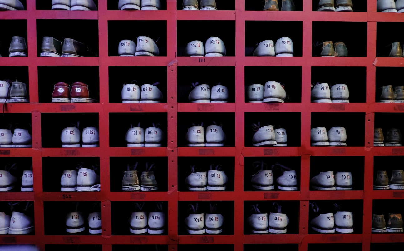 Organized shelf of shoes